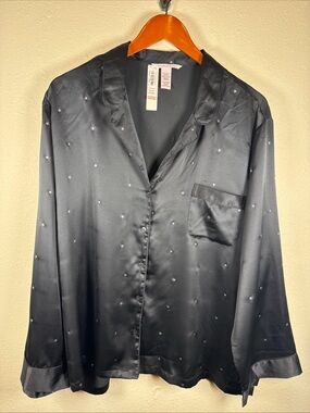 Victoria Secret Black Silver Star Satin Pajama Top Long Sleeve Button Front 2X